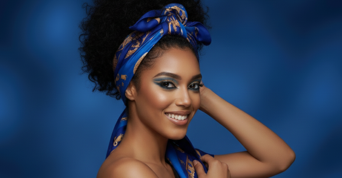 Foulard carré en soie bleu royal porté dans les cheveux